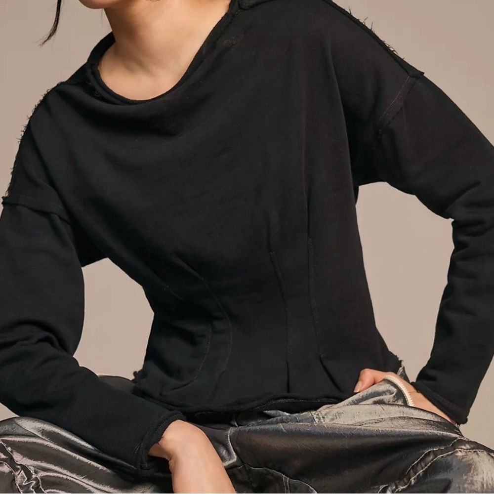 Anthropologie Pilcro Frayed Hem Corset Fitted Black Sweatshirt Organic Cotton XL